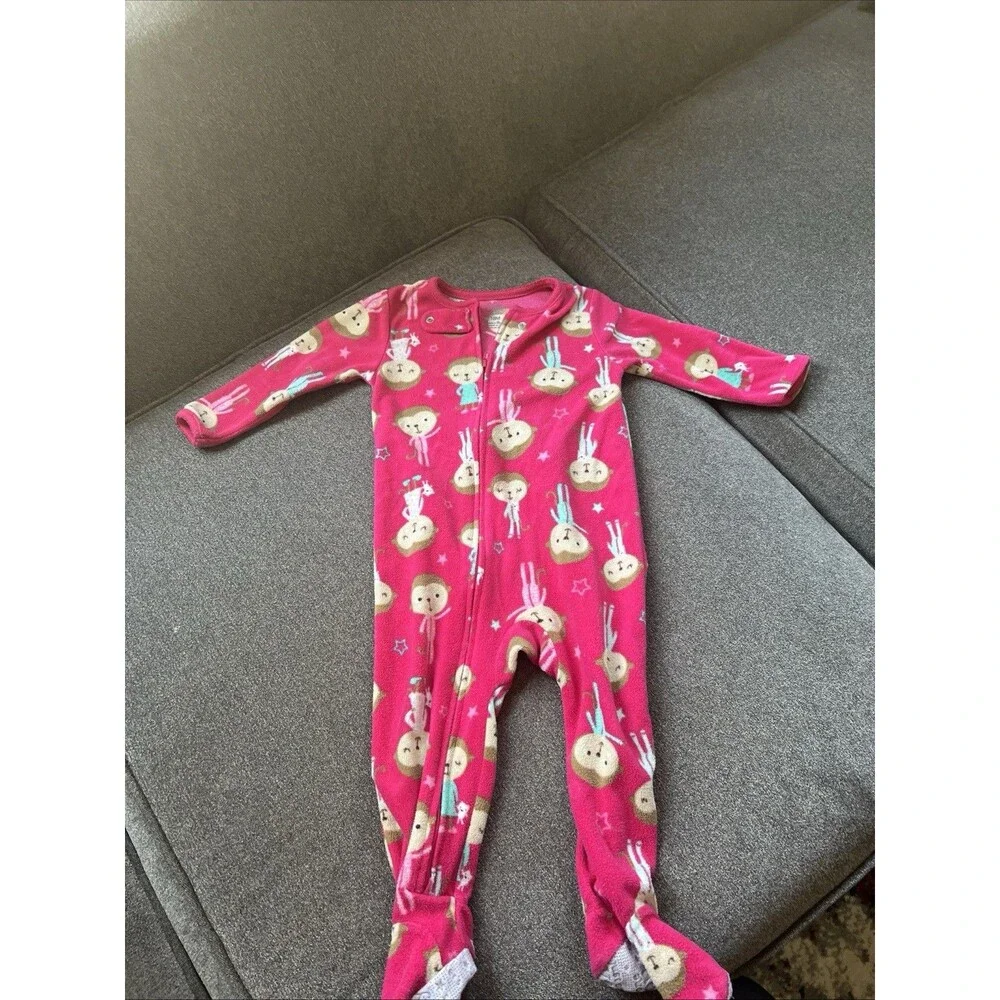 Carter's Toddler Girls 1-Piece Cute Monkey Print Cozy Fleece Zip-Up PJs Pink 18M